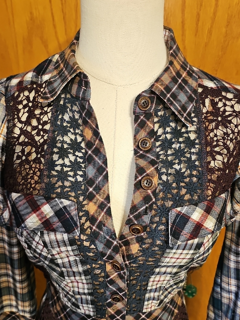 Byron Lars Plaid Sheer Panel Peplum Top - Picture 2 of 9